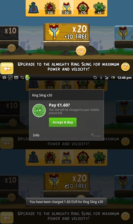 Fortumo one-click mobile payment flow in Rovio's Angry Birds
